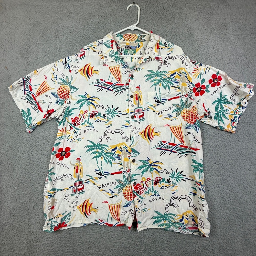 Reyn Spooner Hawaiian Shirt Tropical Pineapple Fish Beach Scene XXL Men‎